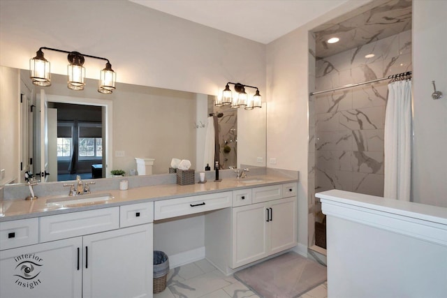 20375 Grosse Point Dr, Frankfort, IL 60423 - bathroom with marble look tiles, a marble finish shower, double vanity, and baseboards