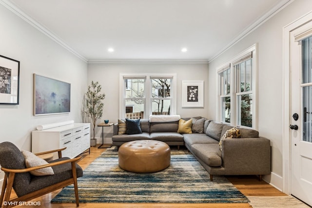 living room featuring crown molding and light wood-type flooring