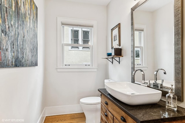 bathroom featuring vanity, wood-type flooring, and toilet