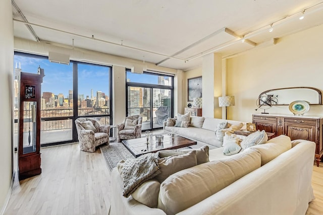 living room with a view of city, light wood-type flooring, and rail lighting