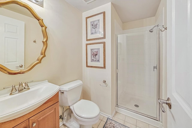 full bath with vanity, a stall shower, tile patterned flooring, and toilet