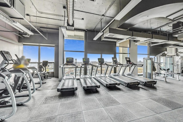 exercise room featuring a wall of windows and a high ceiling