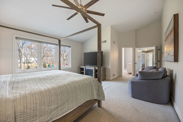 carpeted bedroom featuring a ceiling fan, baseboards, visible vents, and high vaulted ceiling