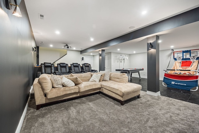 carpeted living room with recessed lighting, visible vents, and baseboards