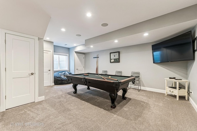 game room with carpet floors, billiards, baseboards, and recessed lighting