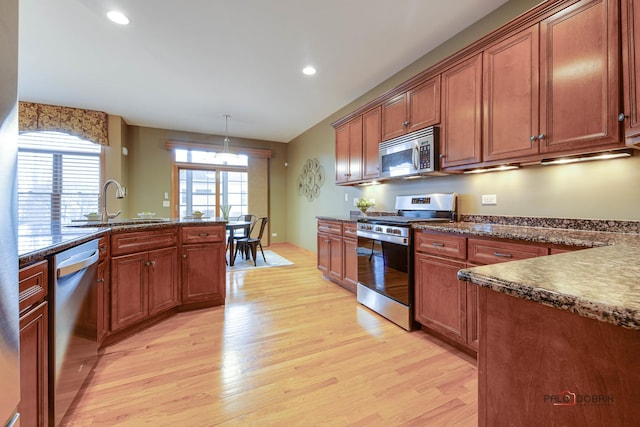 kitchen with appliances with stainless steel finishes, decorative light fixtures, light hardwood / wood-style floors, and sink