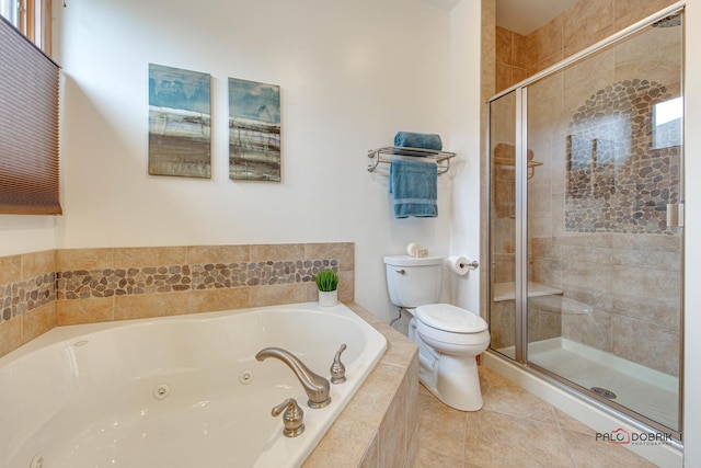 bathroom with tile patterned flooring, plus walk in shower, and toilet