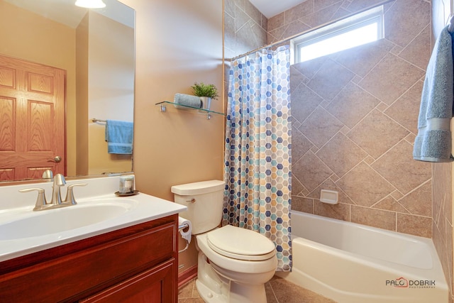 full bathroom featuring shower / tub combo, vanity, tile patterned flooring, and toilet