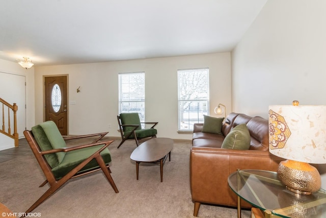 living room with light carpet