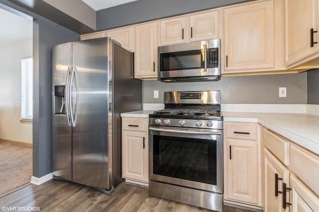 kitchen with dark hardwood / wood-style flooring and stainless steel appliances