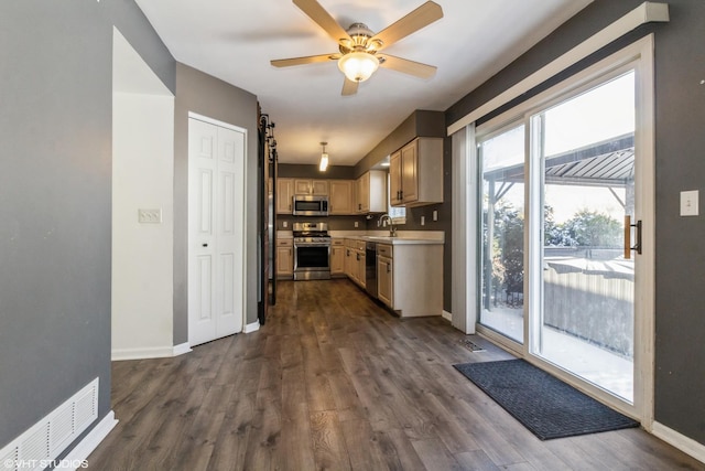 kitchen featuring appliances with stainless steel finishes, sink, light brown cabinets, and dark wood-type flooring