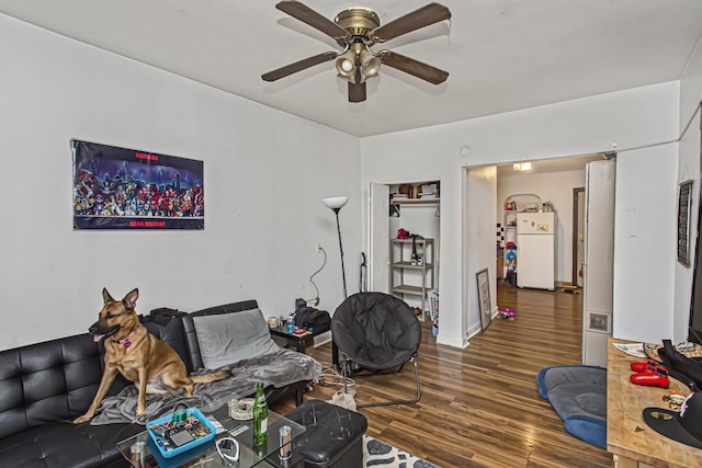 living room with wood-type flooring and ceiling fan