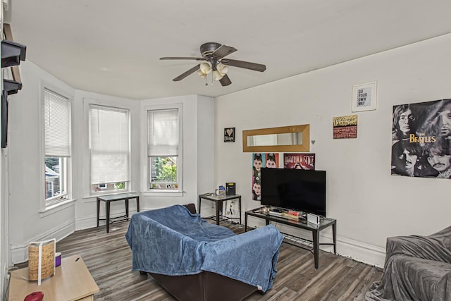 living room with ceiling fan and dark hardwood / wood-style flooring