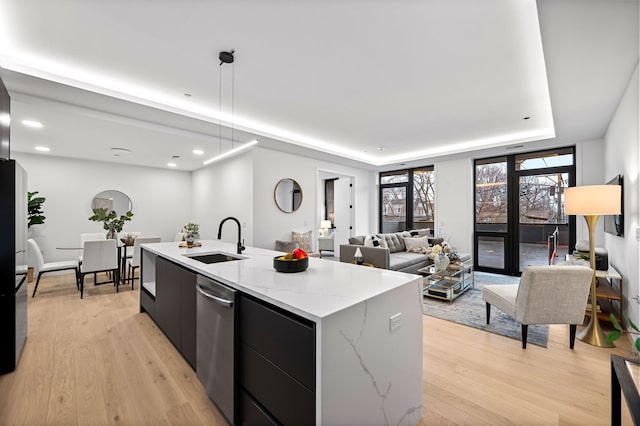 kitchen featuring an island with sink, sink, light hardwood / wood-style floors, and a tray ceiling