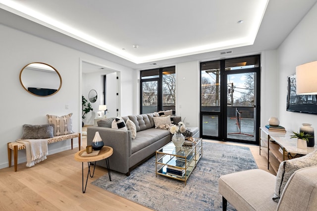 living room featuring a tray ceiling and light hardwood / wood-style floors