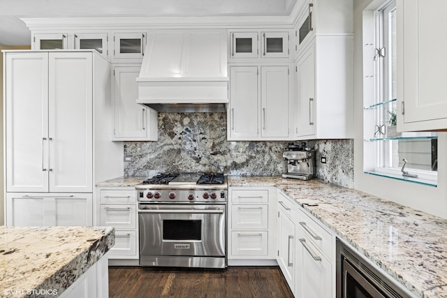 kitchen featuring decorative backsplash, white cabinets, custom range hood, appliances with stainless steel finishes, and dark wood-style flooring