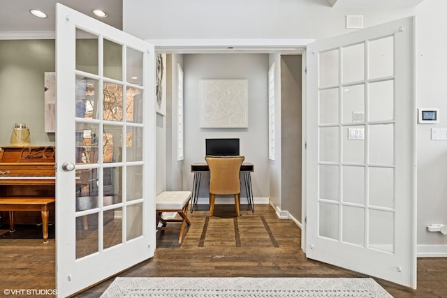 office area with dark wood-style floors, recessed lighting, french doors, and baseboards