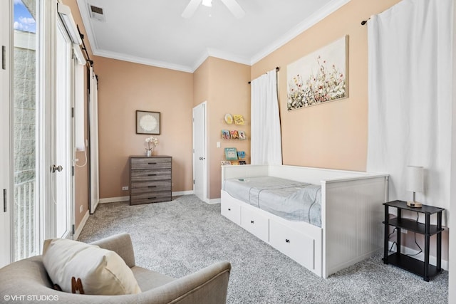 carpeted bedroom with crown molding, visible vents, ceiling fan, access to outside, and baseboards