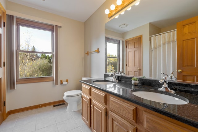 full bath with visible vents, a sink, toilet, and double vanity