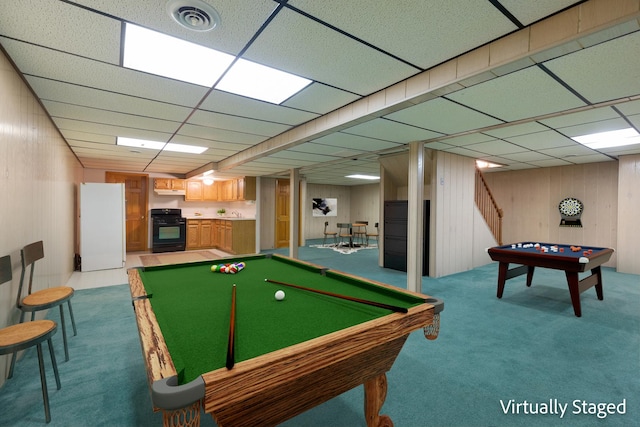 playroom featuring a paneled ceiling, wooden walls, carpet flooring, billiards, and visible vents