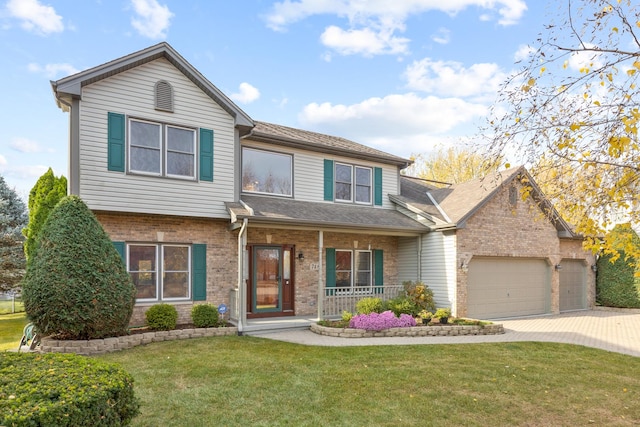 view of front of property featuring covered porch, a garage, brick siding, driveway, and a front lawn