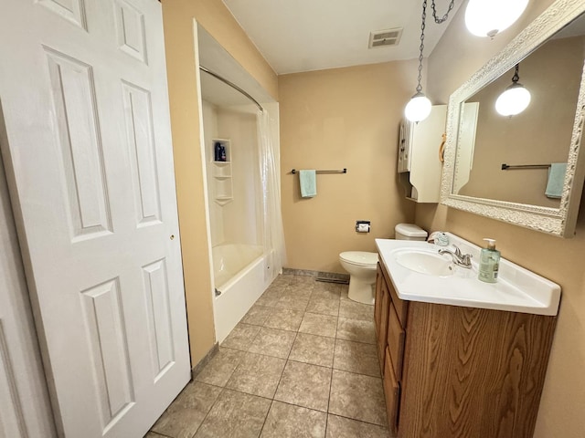 bathroom featuring visible vents, toilet, tile patterned flooring, shower / bathtub combination with curtain, and vanity