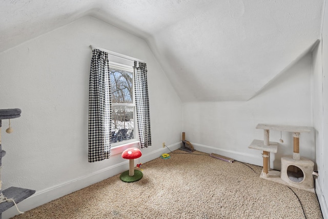 additional living space featuring carpet flooring, vaulted ceiling, a textured ceiling, and baseboards