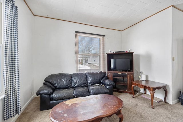 carpeted living area with baseboards and ornamental molding