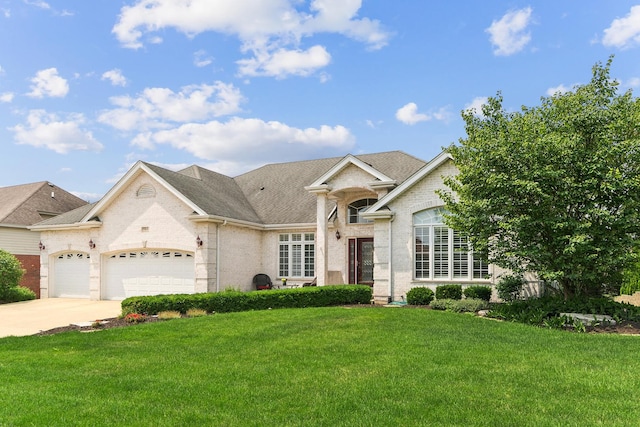 single story home with a garage and a front lawn