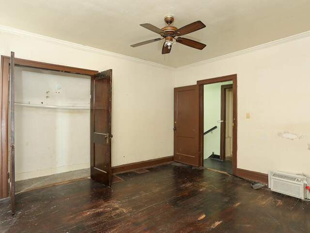 6333 S Talman Ave, Chicago, IL 60629 - unfurnished bedroom with a wall mounted air conditioner, crown molding, dark wood-type flooring, and ceiling fan