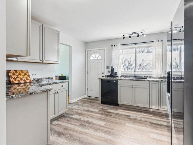 kitchen featuring a sink, light wood-type flooring, plenty of natural light, and dishwasher