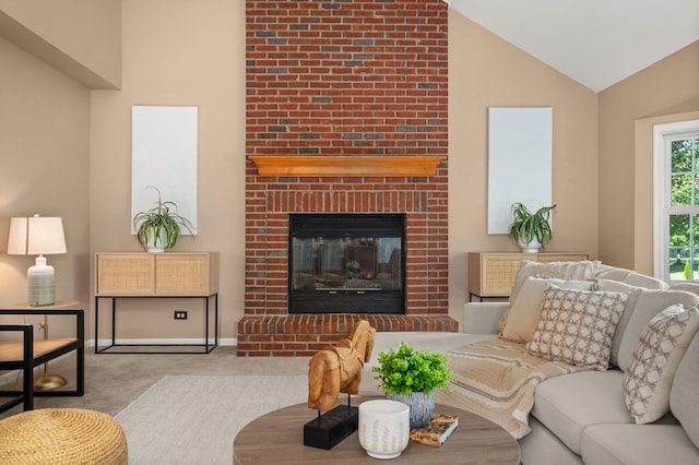 3444 Owens Ln, Dekalb, IL 60115 - living area featuring carpet, a brick fireplace, and vaulted ceiling