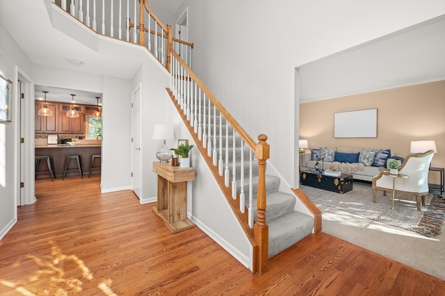3444 Owens Ln, Dekalb, IL 60115 - stairway featuring wood finished floors and a high ceiling