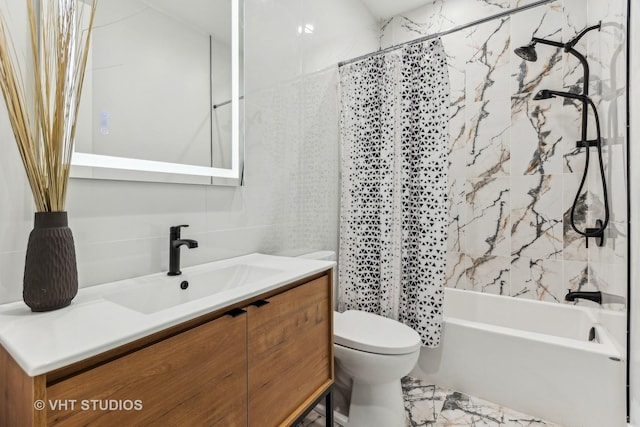 full bathroom featuring shower / bathtub combination with curtain, tile walls, backsplash, vanity, and toilet