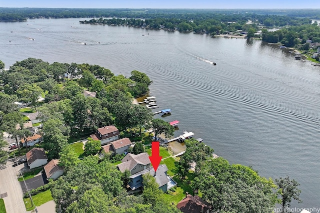 drone / aerial view featuring a water view