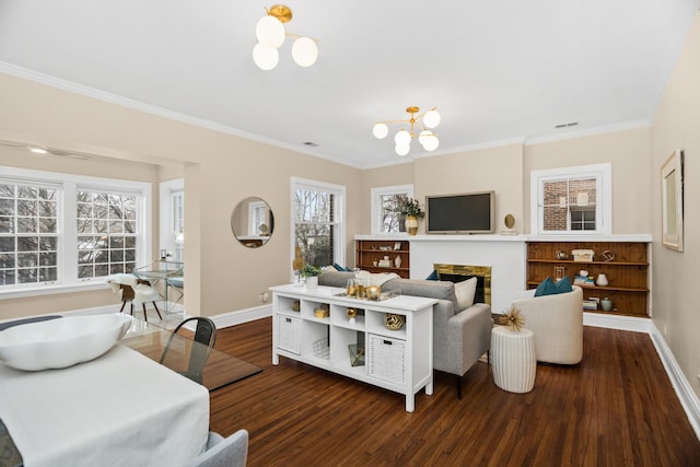 living room featuring an inviting chandelier, a fireplace, ornamental molding, and dark hardwood / wood-style floors