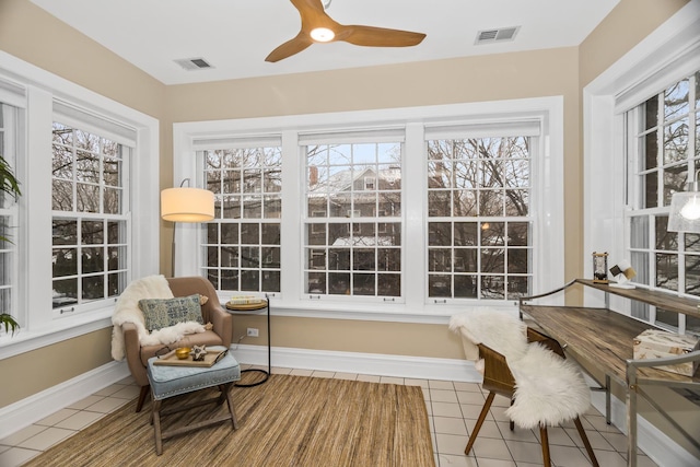 sunroom / solarium featuring plenty of natural light and ceiling fan