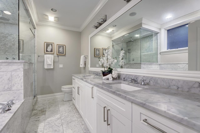 bathroom with ornamental molding, vanity, a shower with door, and toilet