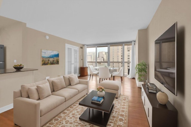 living room with floor to ceiling windows and light hardwood / wood-style floors