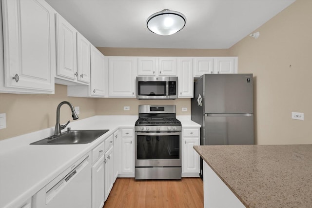 kitchen featuring white cabinetry, appliances with stainless steel finishes, sink, and light wood-type flooring