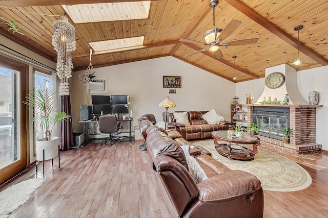 living room featuring hardwood / wood-style flooring, a fireplace, wood ceiling, and lofted ceiling with skylight