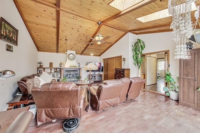 living room featuring hardwood / wood-style floors, beam ceiling, a skylight, high vaulted ceiling, and wooden ceiling