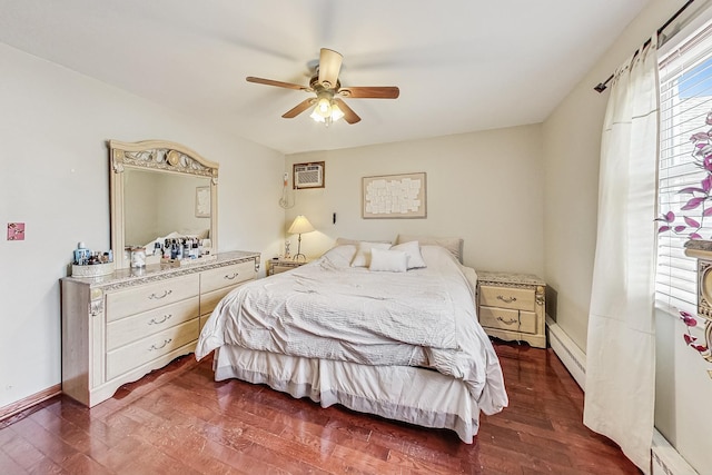 bedroom featuring a baseboard heating unit, dark hardwood / wood-style floors, a wall mounted AC, and ceiling fan