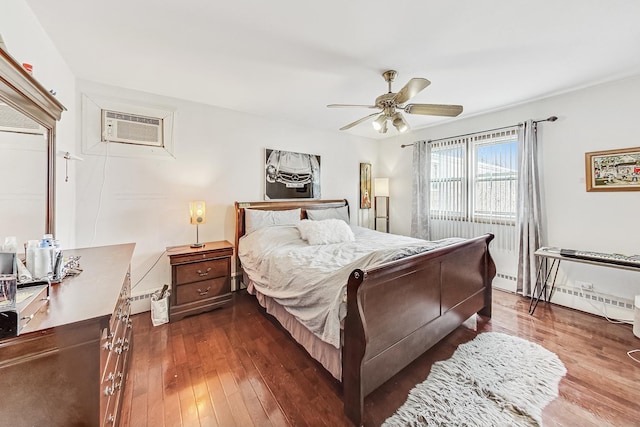 bedroom with ceiling fan, an AC wall unit, dark wood-type flooring, and baseboard heating