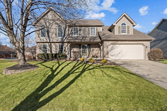 view of front of home featuring a front yard, brick siding, driveway, and roof with shingles