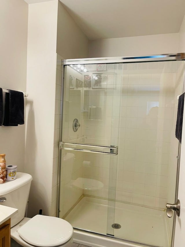 bathroom with vanity, toilet, and a shower with shower door