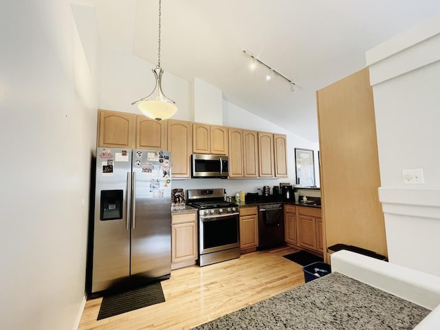 kitchen with appliances with stainless steel finishes, light brown cabinetry, decorative light fixtures, light stone countertops, and light wood-type flooring