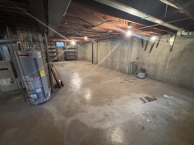 basement with heating unit and water heater