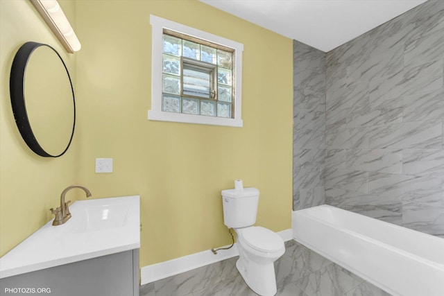 bathroom with toilet, marble finish floor, baseboards, and vanity