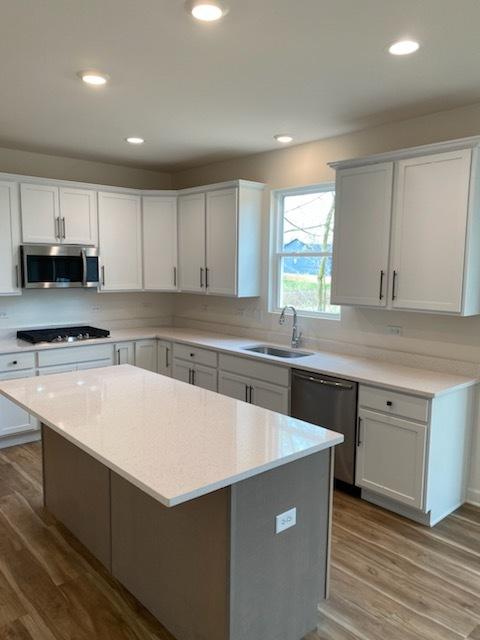 kitchen with wood finished floors, a sink, stainless steel appliances, a kitchen island, and recessed lighting
